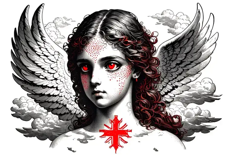 Neck Tattoo Angel Red Eyes Clouds Surrounding Red Cross In Middle Of The Neck