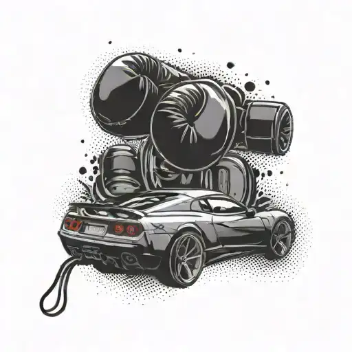 A Sleek Sports Car With Boxing Gloves Hanging From The Rearview Mirror