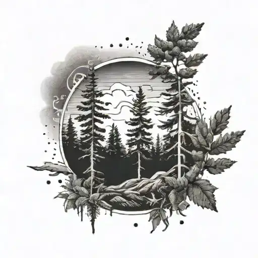 A Serene Forest Scene With Evergreen Trees And A Storm Brewing In The Distance