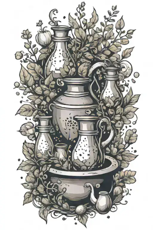 Potion Bottles With Magical Herbs And Plants With Salt An Pepper Shakers Around A Cauldron