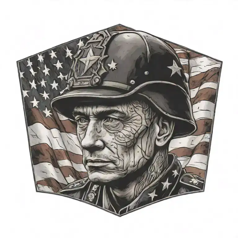 Portrait Of A Veteran In Uniform Surrounded By American Flags