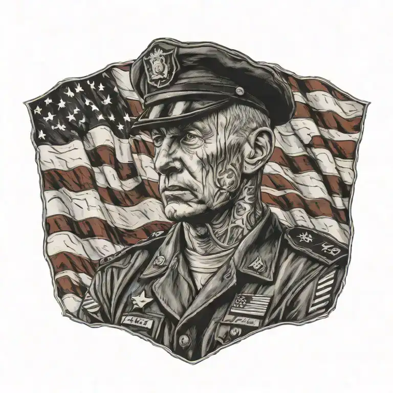 Portrait Of A Veteran In Uniform Surrounded By American Flags