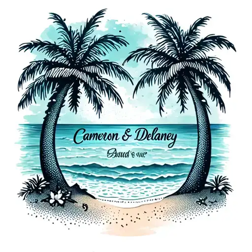 A Tattoo Of Cameron And Delaney's Names Intertwined With Palm Tree And Beach Motifs