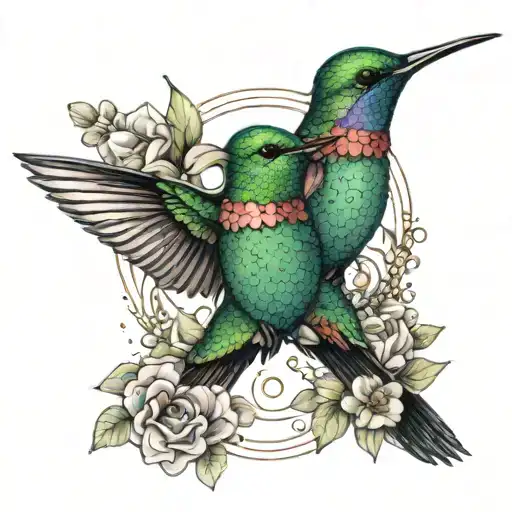 A Colorful Hummingbird Surrounded By A Wreath Of Flowers With A Mother And Daughter Portrait Inside