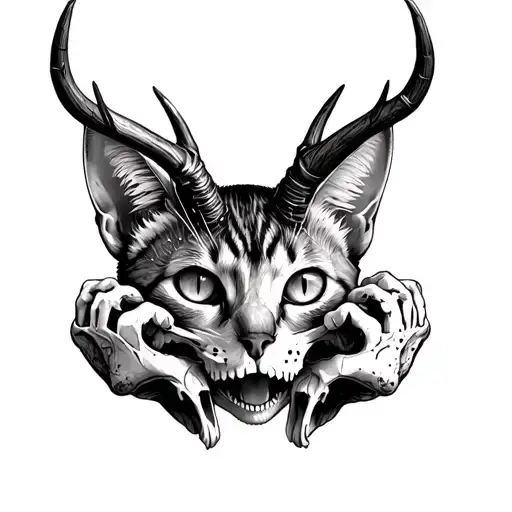 A Cat With A Deer Horns And A Human Skull In Paws