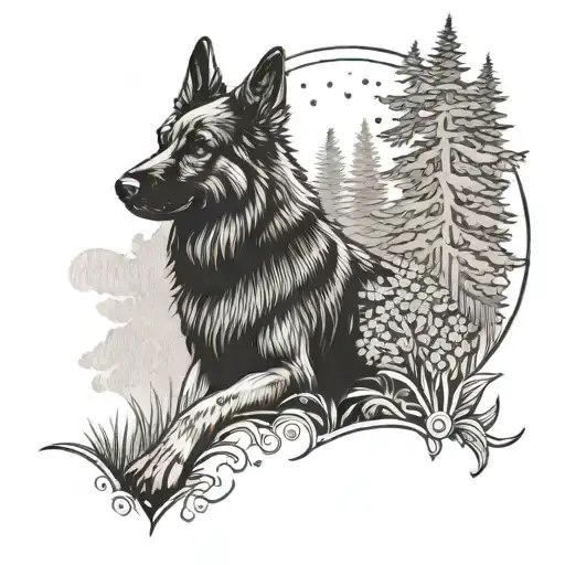 Long Haired German Shepherd Dog On A Forest Trail