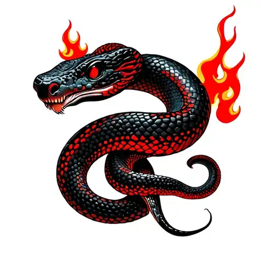 A Black Snake Tattoo With Red Details And Flames