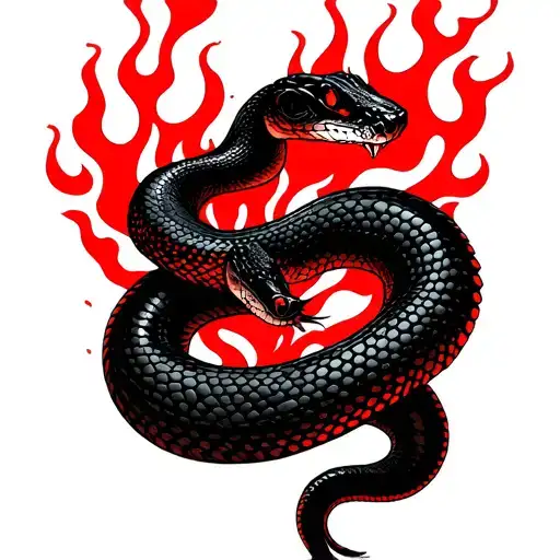 A Black Snake Tattoo With Red Details And Flames