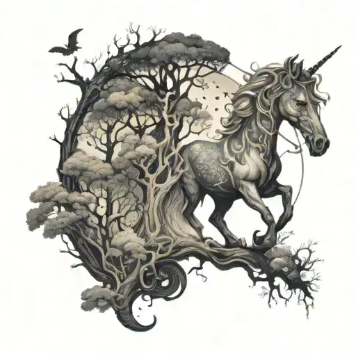 An Enchanted Forest With Mystical Creatures Like Unicorns And Dragons Hidden Within The Trees