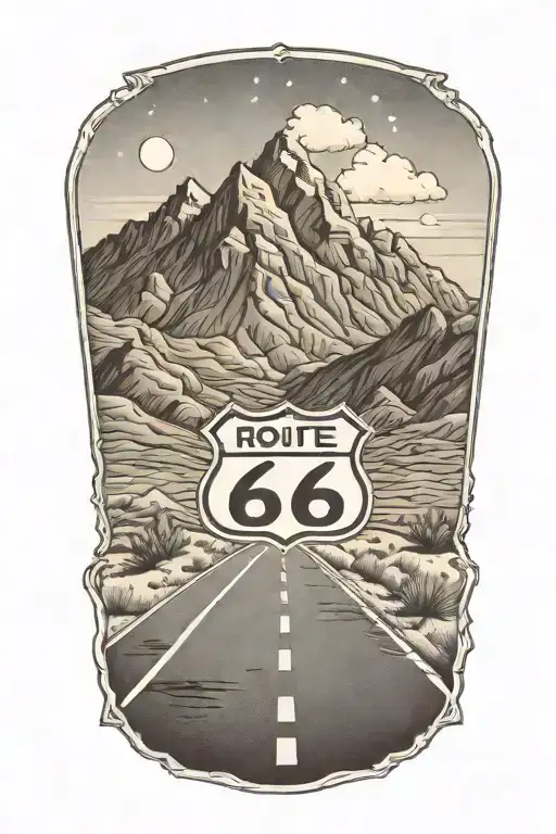 Route 66 Sign Road Leading Towards Mountain Peaks