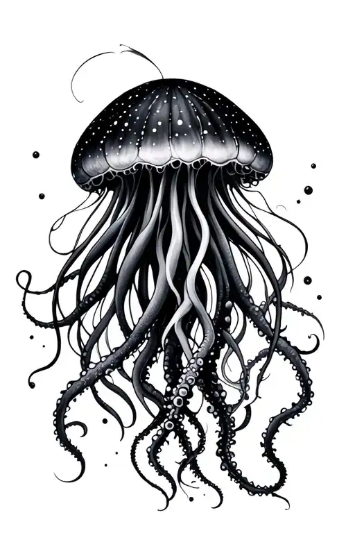 A Black And White Mysterious Jellyfish With Long Tentacles Of Various Lengths
