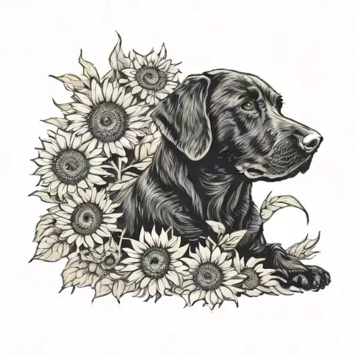 Black Lab Sitting In A Field Of Sunflowers