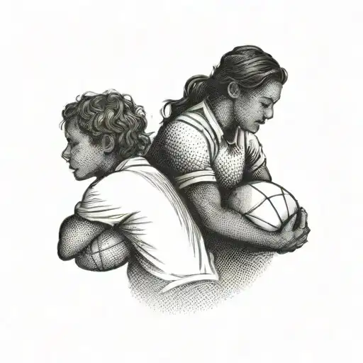 A Mother And Little Brother Silhouette Embracing Each Other With A Rugby Ball In The Background