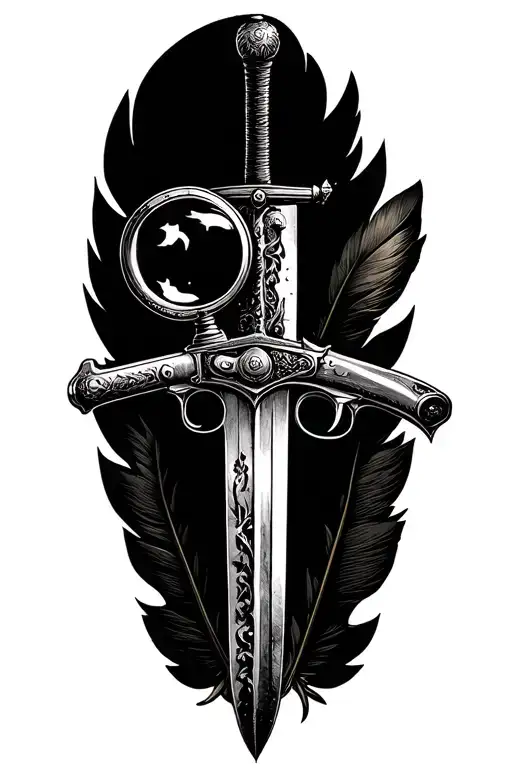 Flintlock Pistol Crossed With Cutlass Sword Crossed With Magnifying Glass Crossed With Quill Pen