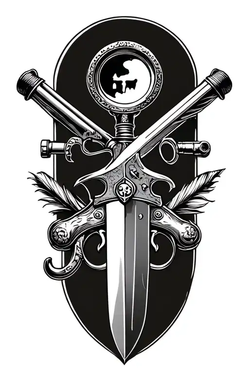 Flintlock Pistol Crossed With Cutlass Sword Crossed With Magnifying Glass Crossed With Quill Pen