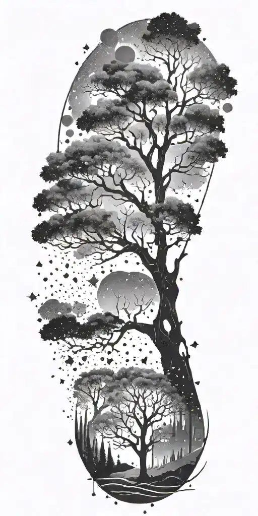 A Tree Made Of Galaxies With A Concrete Pumper Silhouette In The Background