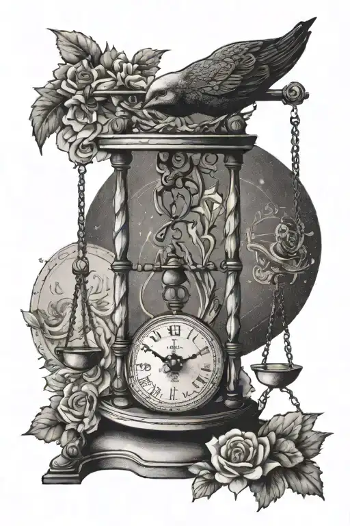 Watch In The Background Black And White And Libra Scales Whit Filled Scales