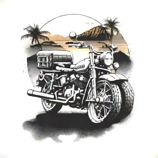 A Unique Design Featuring A Harley Davidson Motorcycle And Cj7 Jeep On A California Beach Backdrop