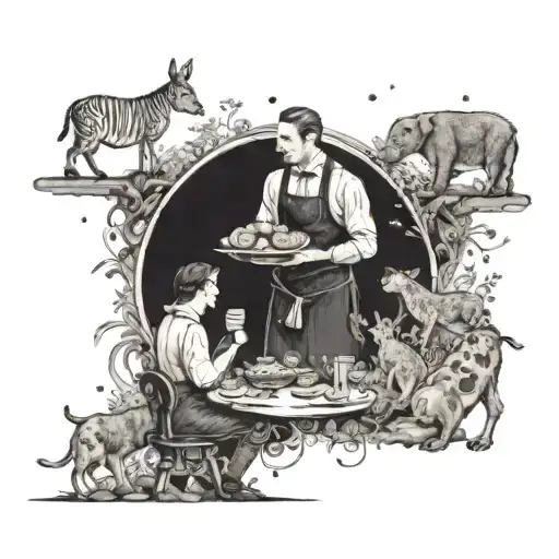 An Intricate Design Of A Waiter Serving Food To A Group Of Animals In A Natural Setting