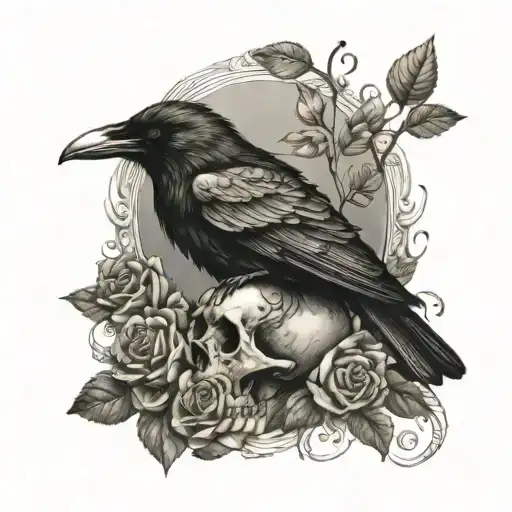 A Dotwork Tattoo Of A Raven Perched On A Skull With Roses And Music Notes In The Background