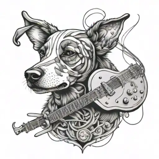 A Stylized Dog Portrait With Guitar Strings Incorporated Into The Design