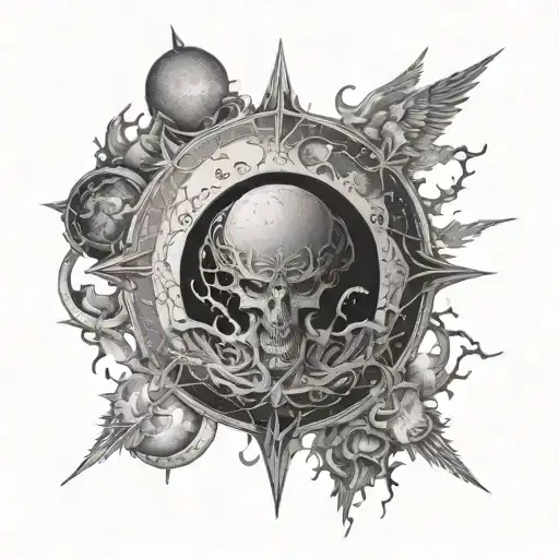 A Celestial Scene Of A Blood Moon Surrounded By Angelic And Demonic Figures