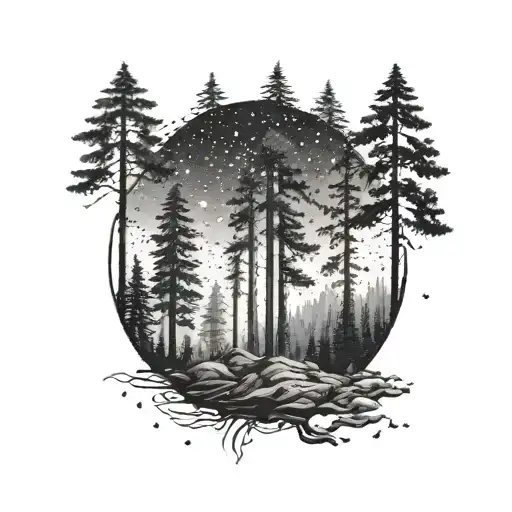 A Dotwork Tattoo Of A Mystical Forest With Redwoods And A Sky Full Of Stars