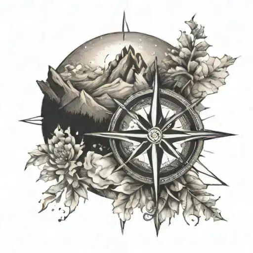A Detailed Compass Rose With Snow-capped Mountains And A Setting Sun