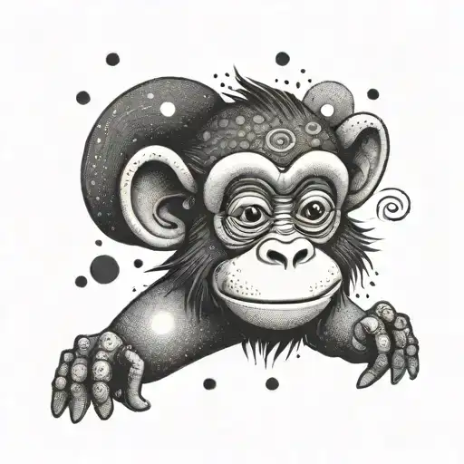 A Mischievous Monkey Juggling Symbols Of 1992 In Dotwork Style