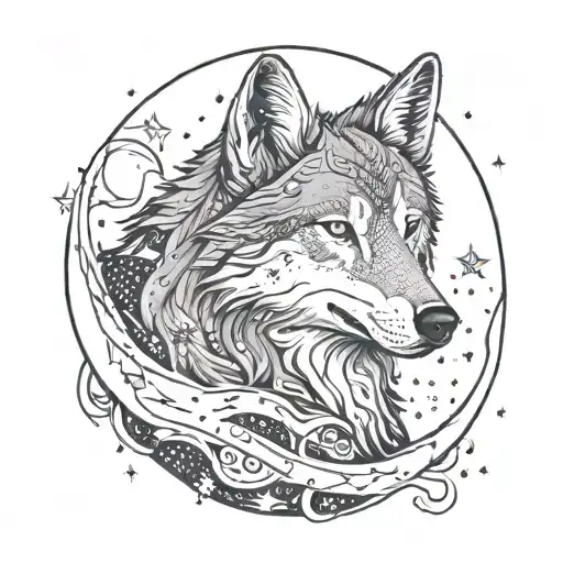 Cute Wolf With Moon Surrounded By Stars