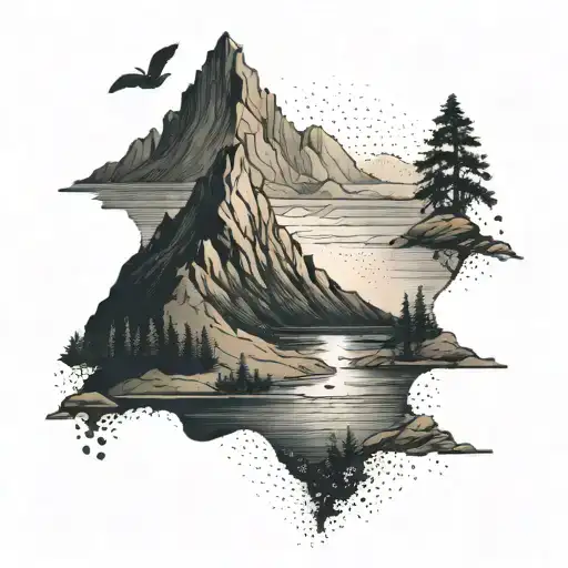 A Dotwork Tattoo Of A Mountain Landscape With A Hidden Surfing Theme