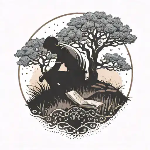 A Dotwork Tattoo Of A Serene Nature Scene Featuring A Silhouette Of A Student Studying Under A Tree
