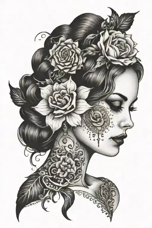 Gothic Girl Floral Lady Head Profile