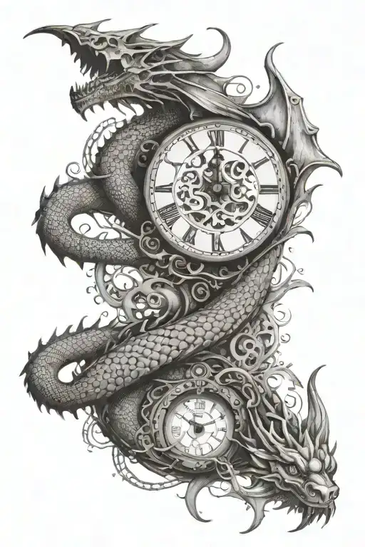 A Dragon Rawaping Its Tale Around A Big Clock Face