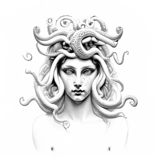 Beautiful Woman Classical Greek Goddess Medusa Head White Eyes Open Wide