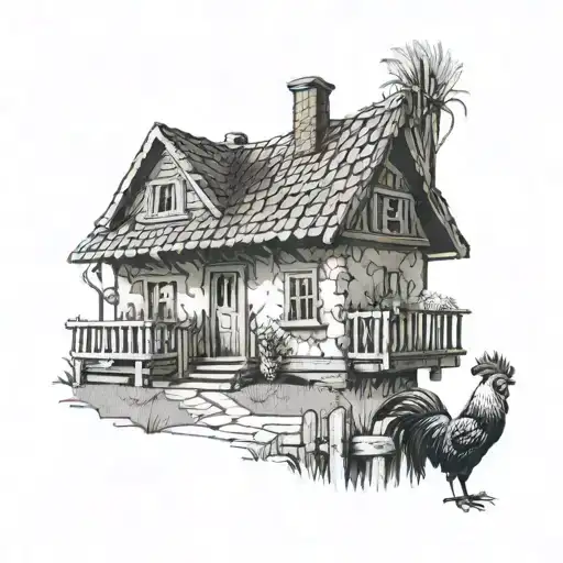 Russian Village House With A Small Picket Fence And A Rooster On The Roof