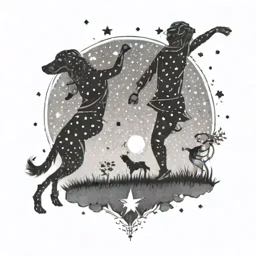 A Dotwork Tattoo Of A Lesbian Couple Dancing Under The Stars With Their Dogs By Their Side