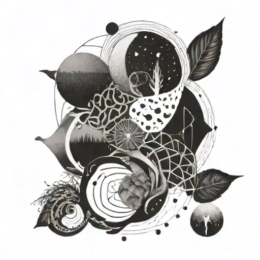 An Abstract Representation Of Nature's Cycles And Patterns Intertwined With Symbols Of Exploration