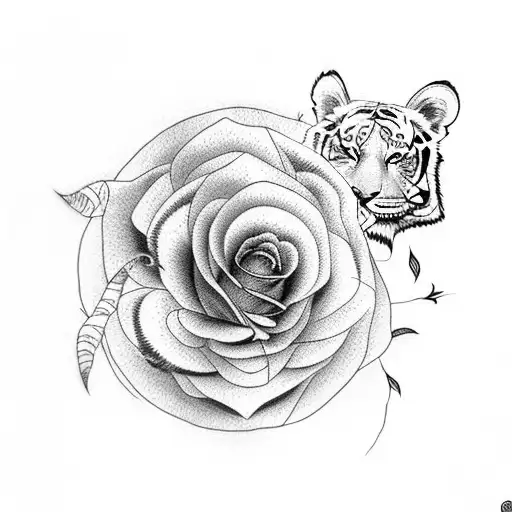 Combine A Tiger And A Rose In A Dotwork Style