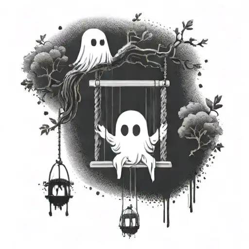 Cute Ghost On A Swing In Black And White