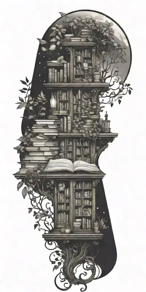A Fantasy-inspired Tattoo Of A Magical Library Filled With Floating Books And Glowing Plants