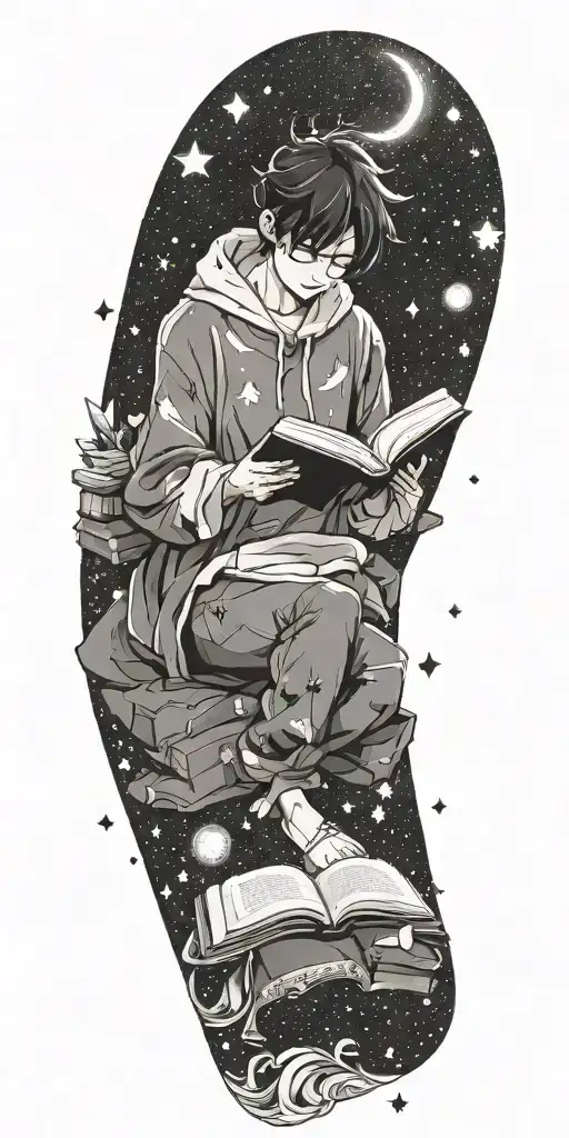 An Anime-inspired Design Of A Character Reading A Book Under A Starry Sky