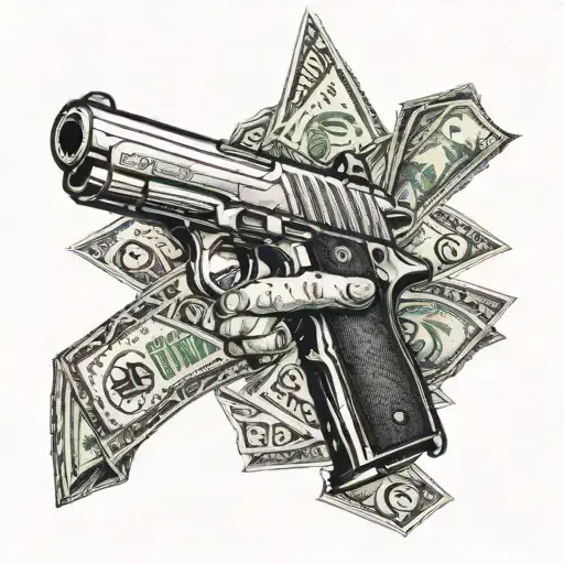 A Fist Punching Through A Wall Of Dollar Bills With A Gun Peeking Out