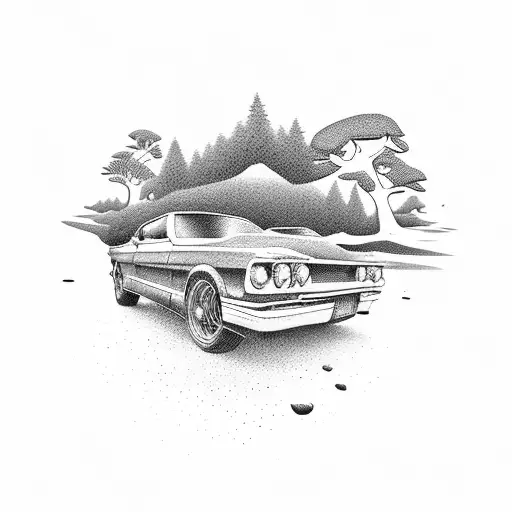 A Silhouette Of A Car Driving Through A Scenic Countryside