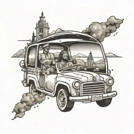 A Tattoo Of A Family Road Trip Scene With Jesus Driving A Car And The Dad Managing A Car Wash