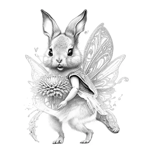 Little Fairy With Bunny Ears Enveloped In A Chrysanthemum