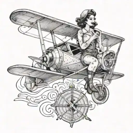 Pinup Girl Sitting On A Vintage Bi-plane With A Compass In Hand