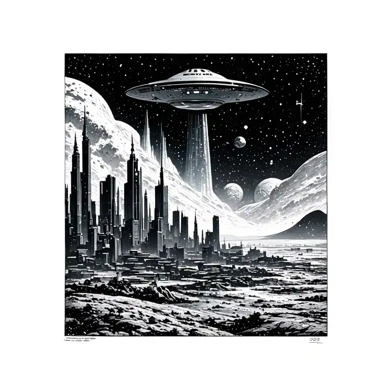 A Futuristic Cityscape On A Distant Planet With A Ufo Hovering Above
