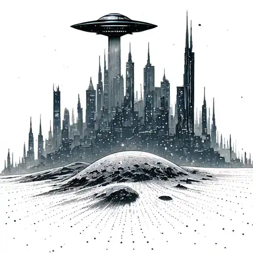 A Futuristic Cityscape On A Distant Planet With A Ufo Hovering Above