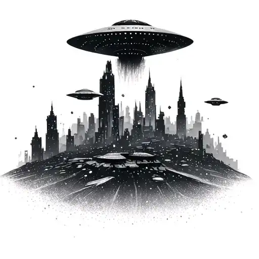 A Futuristic Cityscape On A Distant Planet With A Ufo Hovering Above